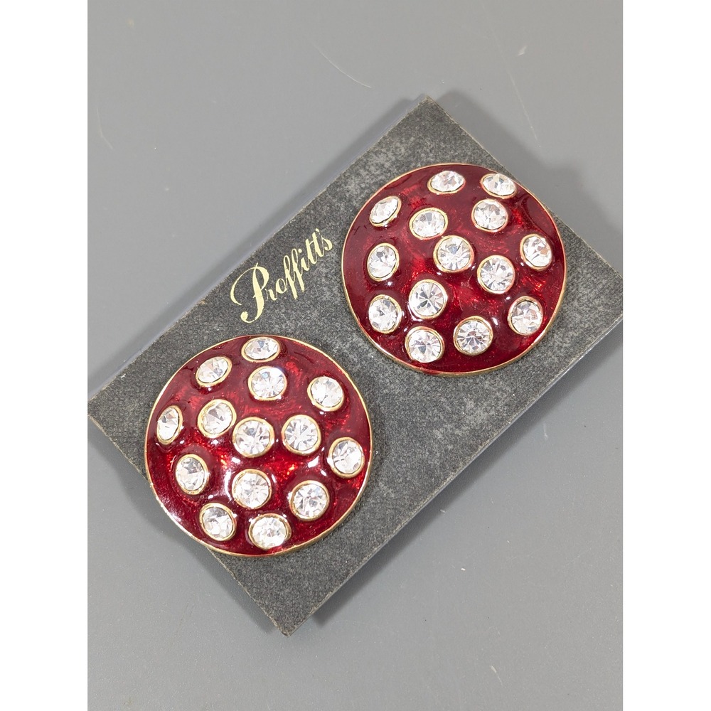 Vintage‎ Red Enamel Rhinestone Gold Tone Clip On Earrings